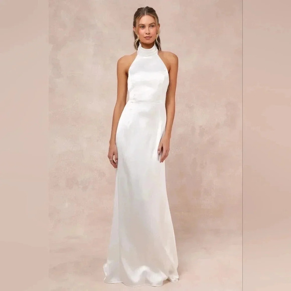 Lulus Luxe Destiny White Satin Backless Halter Mermaid Maxi Dress Wedding Bridal - Picture 3 of 11